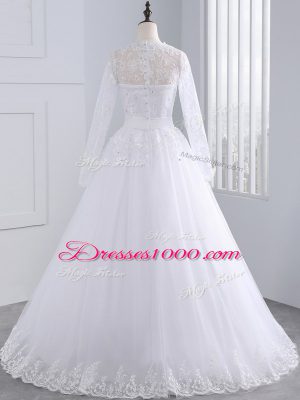 Exceptional White Scalloped Zipper Lace and Appliques Wedding Gowns Brush Train Long Sleeves