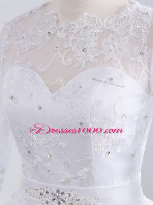 Exceptional White Scalloped Zipper Lace and Appliques Wedding Gowns Brush Train Long Sleeves