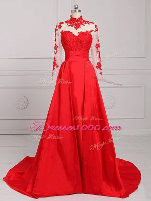 Clearance Red Long Sleeves Satin Brush Train Backless Prom Dresses for Prom and Party and Military Ball