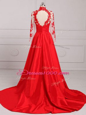 Clearance Red Long Sleeves Satin Brush Train Backless Prom Dresses for Prom and Party and Military Ball