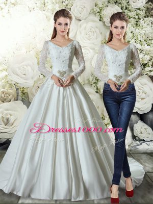 White Bridal Gown V-neck Long Sleeves Brush Train Lace Up