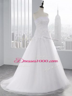 Hot Sale Strapless Sleeveless Brush Train Lace Up Wedding Gown White Tulle