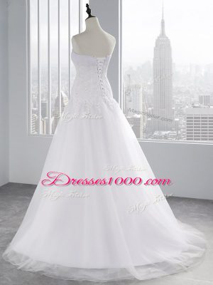 Hot Sale Strapless Sleeveless Brush Train Lace Up Wedding Gown White Tulle