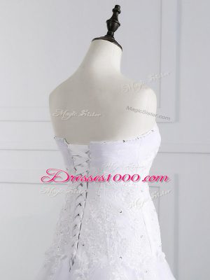 Hot Sale Strapless Sleeveless Brush Train Lace Up Wedding Gown White Tulle