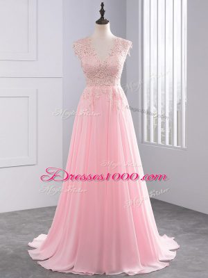 Trendy Baby Pink Side Zipper Prom Party Dress Appliques Sleeveless Brush Train