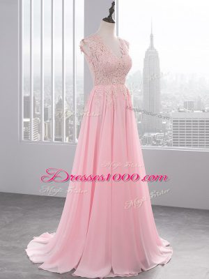 Trendy Baby Pink Side Zipper Prom Party Dress Appliques Sleeveless Brush Train