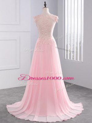 Trendy Baby Pink Side Zipper Prom Party Dress Appliques Sleeveless Brush Train