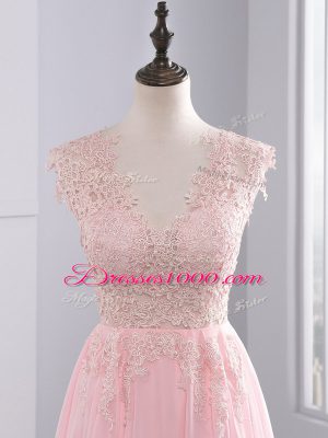 Trendy Baby Pink Side Zipper Prom Party Dress Appliques Sleeveless Brush Train