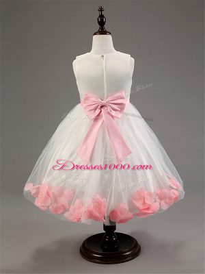 Unique White Ball Gowns Appliques and Hand Made Flower Flower Girl Dresses for Less Zipper Tulle Sleeveless Knee Length