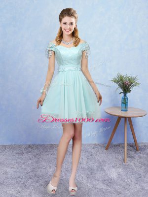 A-line Dama Dress Aqua Blue V-neck Tulle Short Sleeves Mini Length Lace Up