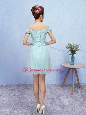 A-line Dama Dress Aqua Blue V-neck Tulle Short Sleeves Mini Length Lace Up