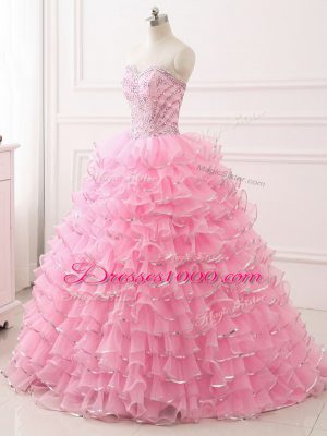 Fine Sweep Train Ball Gowns Quinceanera Gowns Baby Pink Sweetheart Organza Sleeveless Lace Up