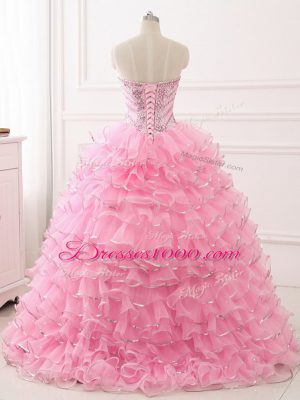 Fine Sweep Train Ball Gowns Quinceanera Gowns Baby Pink Sweetheart Organza Sleeveless Lace Up