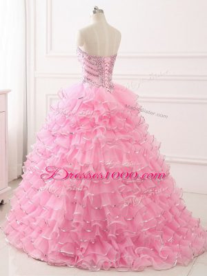 Fine Sweep Train Ball Gowns Quinceanera Gowns Baby Pink Sweetheart Organza Sleeveless Lace Up