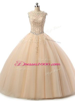 Champagne Scoop Neckline Beading and Lace Quince Ball Gowns Sleeveless Lace Up