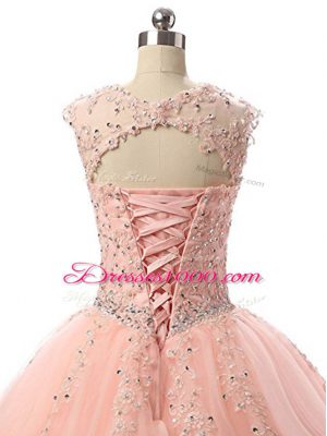 Peach Ball Gowns Beading and Lace Quinceanera Gowns Lace Up Tulle Sleeveless Floor Length