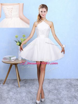 White Chiffon Lace Up Wedding Party Dress Sleeveless Mini Length Lace and Appliques