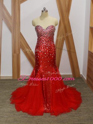 Custom Fit Red Tulle Zipper Sweetheart Sleeveless Floor Length Prom Gown Beading