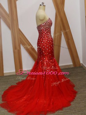 Custom Fit Red Tulle Zipper Sweetheart Sleeveless Floor Length Prom Gown Beading