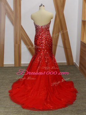 Custom Fit Red Tulle Zipper Sweetheart Sleeveless Floor Length Prom Gown Beading