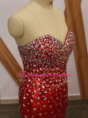 Custom Fit Red Tulle Zipper Sweetheart Sleeveless Floor Length Prom Gown Beading