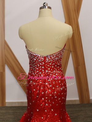 Custom Fit Red Tulle Zipper Sweetheart Sleeveless Floor Length Prom Gown Beading