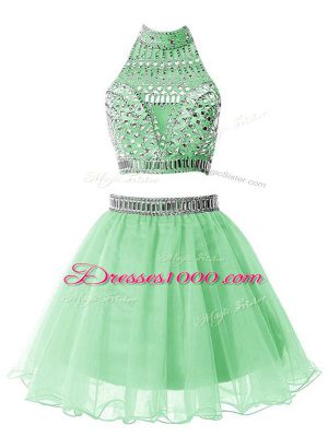 Hot Selling Sleeveless Organza Mini Length Zipper Damas Dress in Apple Green with Beading