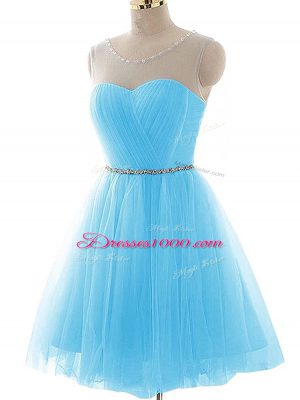 Spectacular Sleeveless Tulle Mini Length Lace Up Party Dresses in Aqua Blue with Beading and Ruching