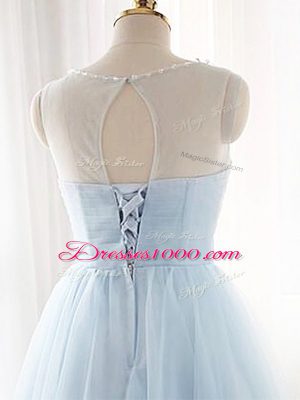 Spectacular Sleeveless Tulle Mini Length Lace Up Party Dresses in Aqua Blue with Beading and Ruching