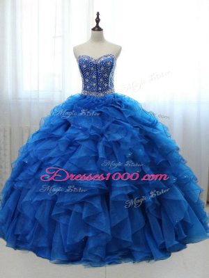 Decent Royal Blue Sweetheart Lace Up Beading and Ruffles Sweet 16 Dresses Sleeveless