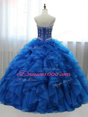 Decent Royal Blue Sweetheart Lace Up Beading and Ruffles Sweet 16 Dresses Sleeveless