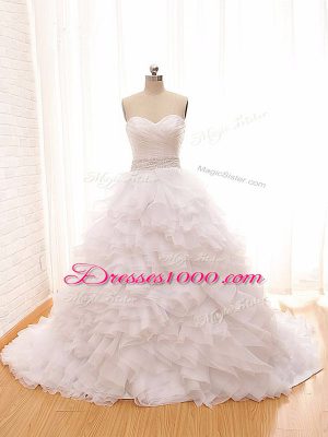 Best Selling White Wedding Gown Wedding Party with Beading and Ruffles Sweetheart Sleeveless Brush Train Lace Up