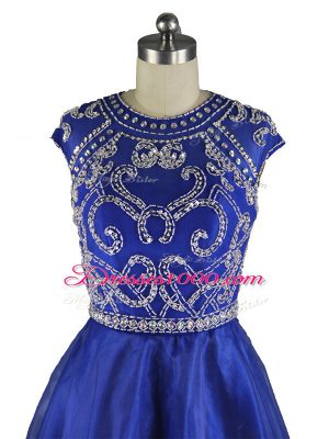 Blue A-line Organza Scoop Cap Sleeves Beading Mini Length Zipper Party Dress