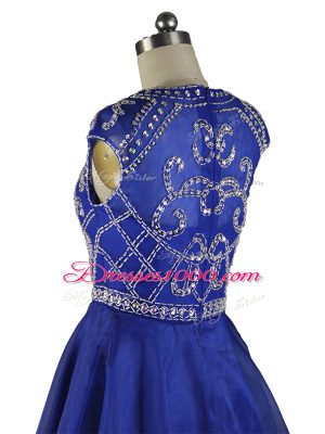 Blue A-line Organza Scoop Cap Sleeves Beading Mini Length Zipper Party Dress