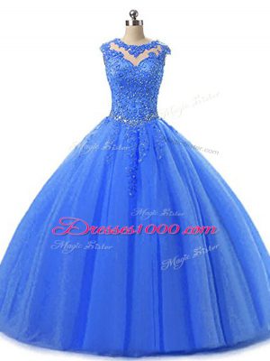 Sophisticated Floor Length Lace Up 15th Birthday Dress Blue for Military Ball and Sweet 16 and Quinceanera with Beading and Lace