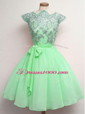 Flirting Apple Green Scalloped Neckline Lace and Belt Bridesmaid Dresses Cap Sleeves Lace Up