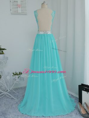 Latest Aqua Blue Side Zipper Dama Dress for Quinceanera Beading and Lace Sleeveless Sweep Train