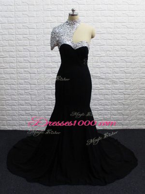 Black Short Sleeves Chiffon Brush Train Zipper Homecoming Dress for Prom and Party and Military Ball