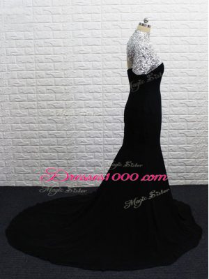 Black Short Sleeves Chiffon Brush Train Zipper Homecoming Dress for Prom and Party and Military Ball