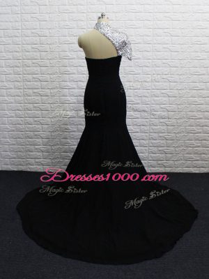 Black Short Sleeves Chiffon Brush Train Zipper Homecoming Dress for Prom and Party and Military Ball