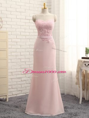 Floor Length Baby Pink Dama Dress for Quinceanera Chiffon Sleeveless Lace