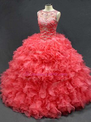 Elegant Coral Red Scoop Lace Up Beading and Ruffles Quinceanera Dresses Sleeveless
