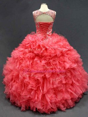 Elegant Coral Red Scoop Lace Up Beading and Ruffles Quinceanera Dresses Sleeveless