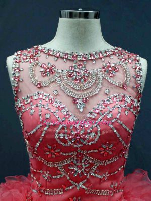 Elegant Coral Red Scoop Lace Up Beading and Ruffles Quinceanera Dresses Sleeveless