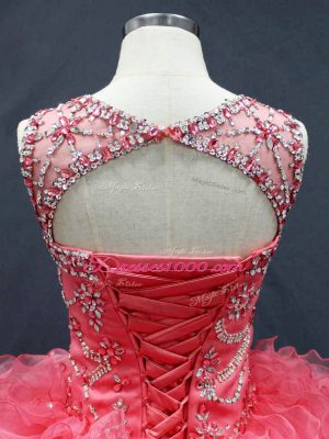 Elegant Coral Red Scoop Lace Up Beading and Ruffles Quinceanera Dresses Sleeveless