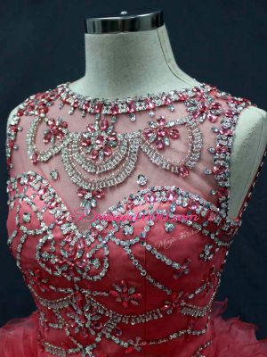 Elegant Coral Red Scoop Lace Up Beading and Ruffles Quinceanera Dresses Sleeveless