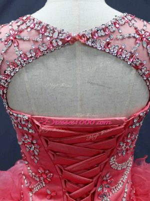 Elegant Coral Red Scoop Lace Up Beading and Ruffles Quinceanera Dresses Sleeveless