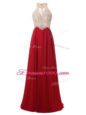 Beading Prom Gown Wine Red Zipper Sleeveless Floor Length