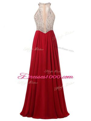 Beading Prom Gown Wine Red Zipper Sleeveless Floor Length