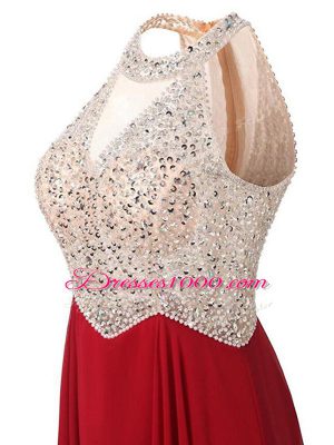 Beading Prom Gown Wine Red Zipper Sleeveless Floor Length